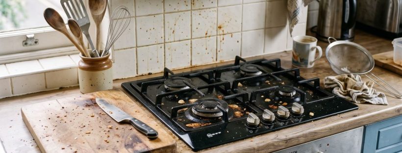 grease splatters and cooking residue built up around the burners, splashback, and nearby worktop