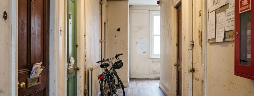 a standard lived-in communal hallway inside an East London mansion block